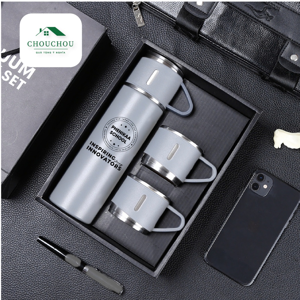 [Miễn Phí Khắc Tên] Bình giữ nhiệt CHOUCHOU 500ml Inox 304 Cao cấp - Kèm 2 cốc và hộp quà