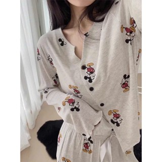 Bộ ngủ nữ dài tay thun tăm họa tiết mickey cổ tròn mặc nhà pijama hoạt hình đáng yêu dễ mặc thu đông 058