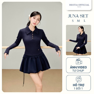 HESTIA - Juna Set áo và chân váy bí ngô phối nơ màu tím than