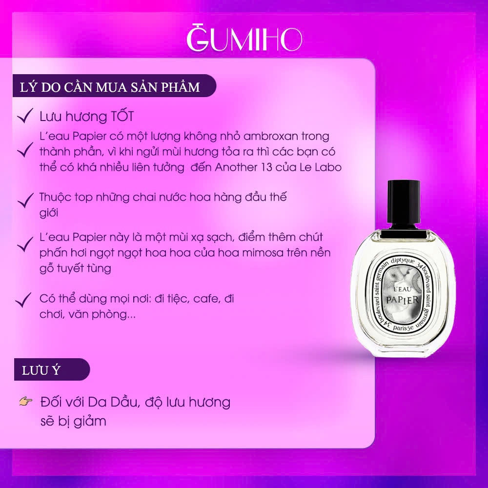 Nước Hoa Unisex Nam Nữ Diptyque L’Eau Papier – Hương Thơm Tinh Khôi Như Trang Giấy Trắng - GumihoPerfume | BigBuy360 - bigbuy360.vn