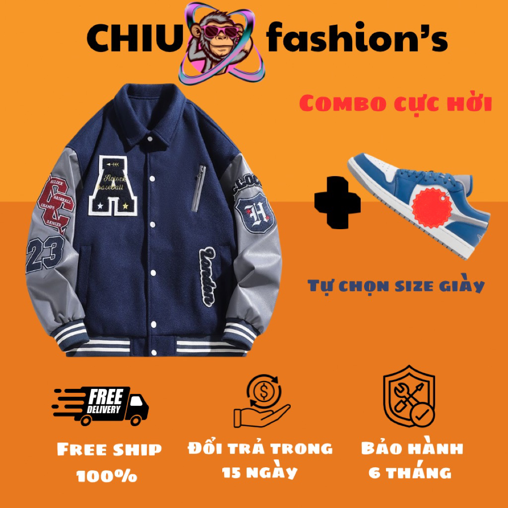 Combo áo khoác bomber varsity jacket A chất vải dạ dày dặn phối tay da PU cao cấp áo khoác bomber dà