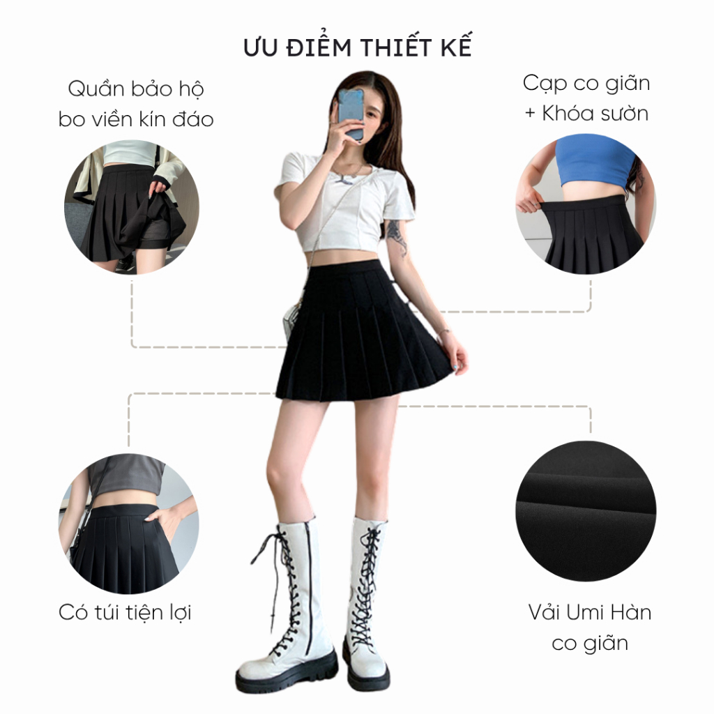 Chân váy tennis xếp ly ngắn Mely Fashion chữ A có túi cạp cao tôn dáng Umi cao cấp co giãn bigsize đen trắng CV73-01 | BigBuy360 - bigbuy360.vn