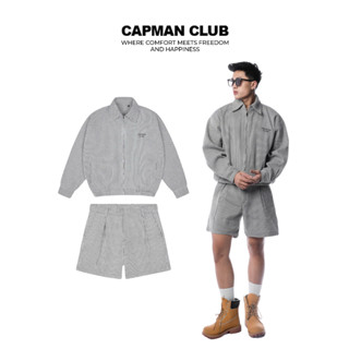 SET BỘ quần short Riss và áo khoác nam HURA, phom boxy rộng CAPMAN CLUB họa tiết kẻ sọc trắng đen