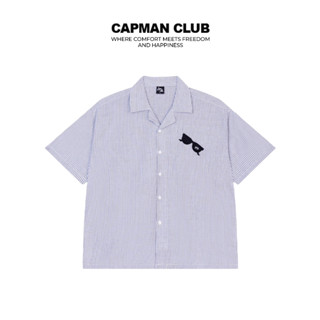 Áo sơ mi nam phom Boxy tay ngắn LOUNGE sọc xanh oxford CAPMAN CLUB, phom rộng trẻ trung thoải mái