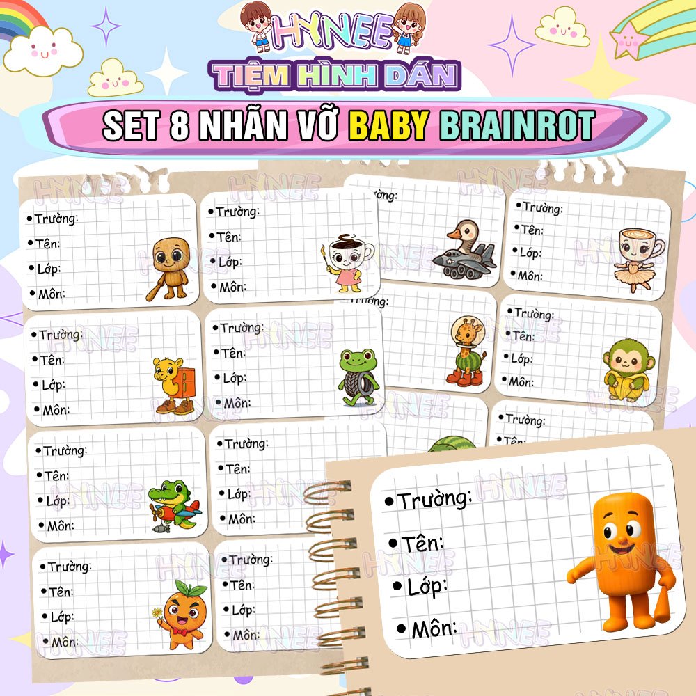Nhãn Vở Tung Tung Tung Sahur Baby Brainrot - Nhãn Vở Meme Thiết Kế Baby Cute,  Nhãn Vở Sahur In Hình