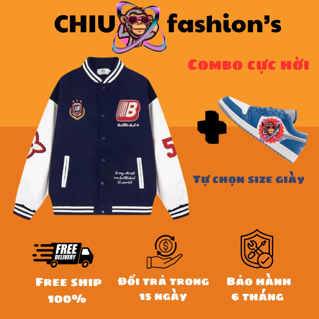 Combo Áo khoác varsity, áo khoác bomber bóng chày thêu huy hiệu màu đen đỏ áo bomber chất dạ dày dặn