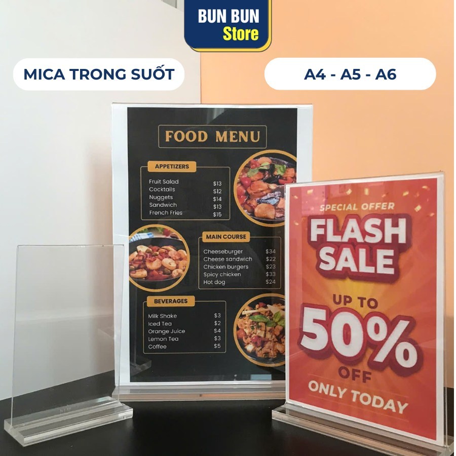 Bảng Menu Mica A4, A5, A6 Trong suốt để bàn, Mica trong suốt, đế dầy 8mm để mã QR code, menu.