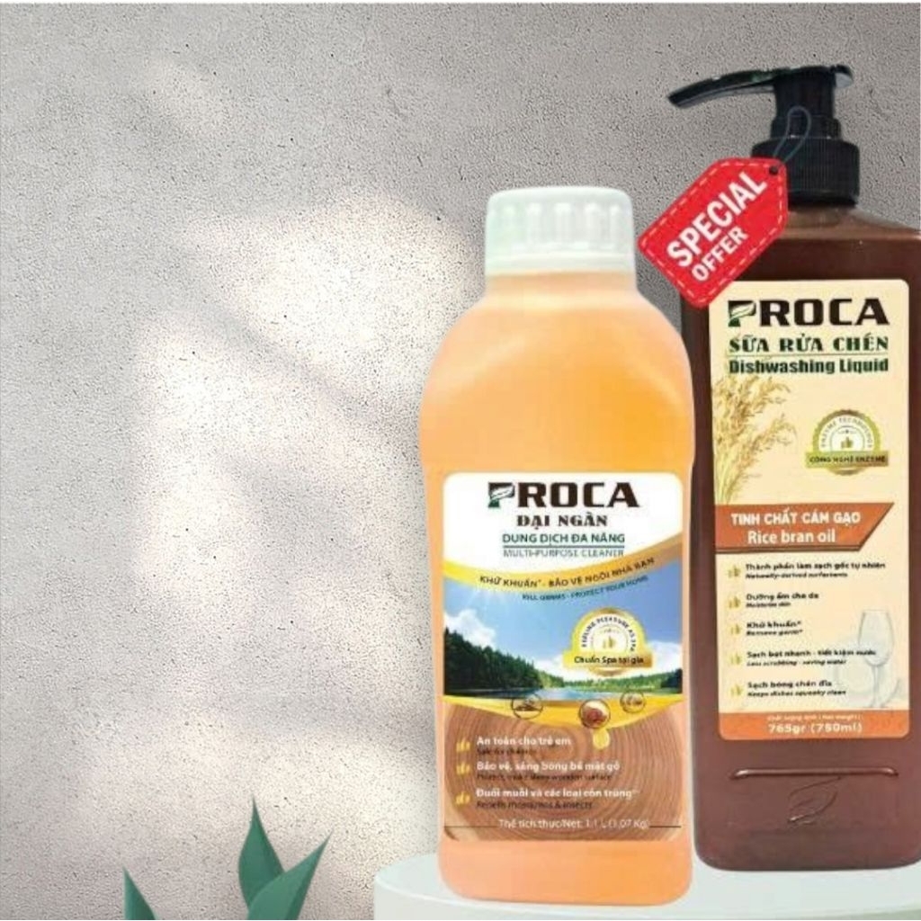 Bộ đôi chai dung dịch đa năng Proca đại ngàn 1.1L và chai sữa rửa chén Proca hương gạo 765g