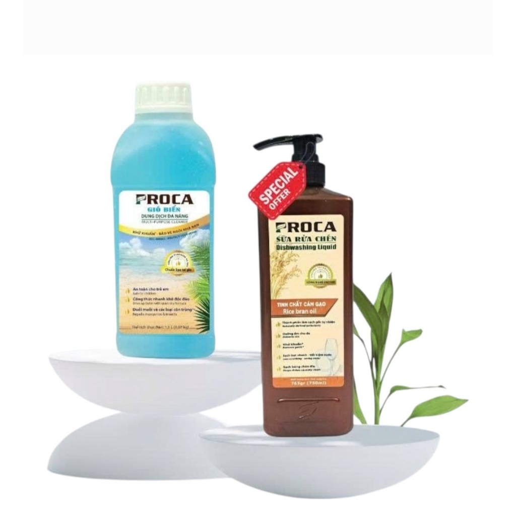 Bộ đôi dung dịch đa năng Proca Gió Biển 1.1L và sữa rửa chén Proca hương gạo 765g