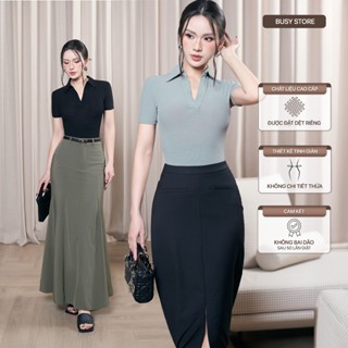 Áo Ngắn Tay Cổ Đức Nữ Dáng Thường BUSY Thun Tăm Giấy Co Giãn Ôm Sát NT24T