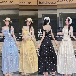 Đầm váy nữ chất tơ trễ vai viền bèo nhún thân họa tiết in bông có mút dáng xòe dài công chúa 4 màu siêu cưng chụp ảnh 