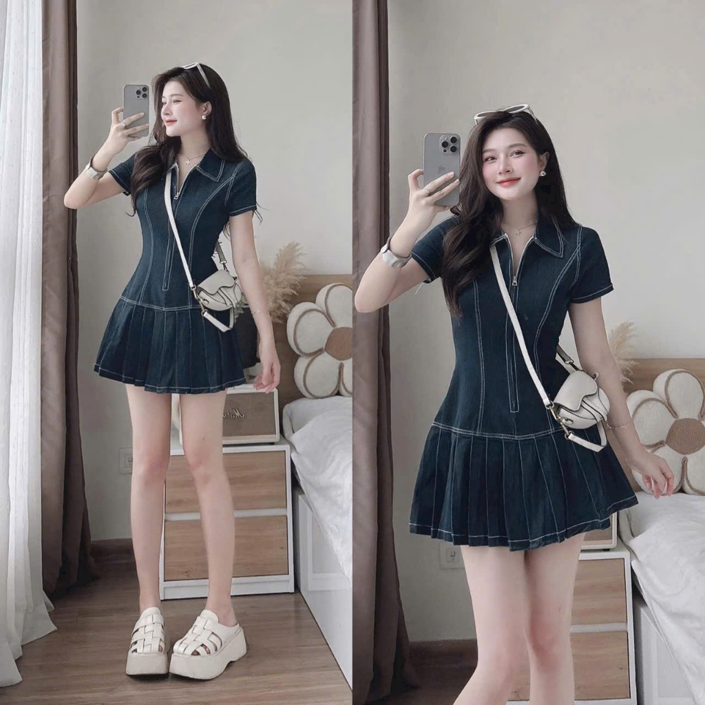 Đầm jean ngắn - Đầm jean nữ nhẹ nhàng thanh lịch đầm jean qc tay ngắn khóa kéo cổ bẻ phối viền chỉ n