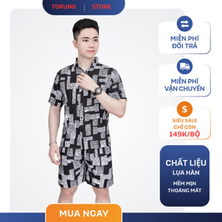 Set Bộ Lụa Nam Họa Tiết Đen Trắng Áo Sơ Mi Tay Ngắn + Quần Short Thời Trang Đi Biển Mặc Nhà