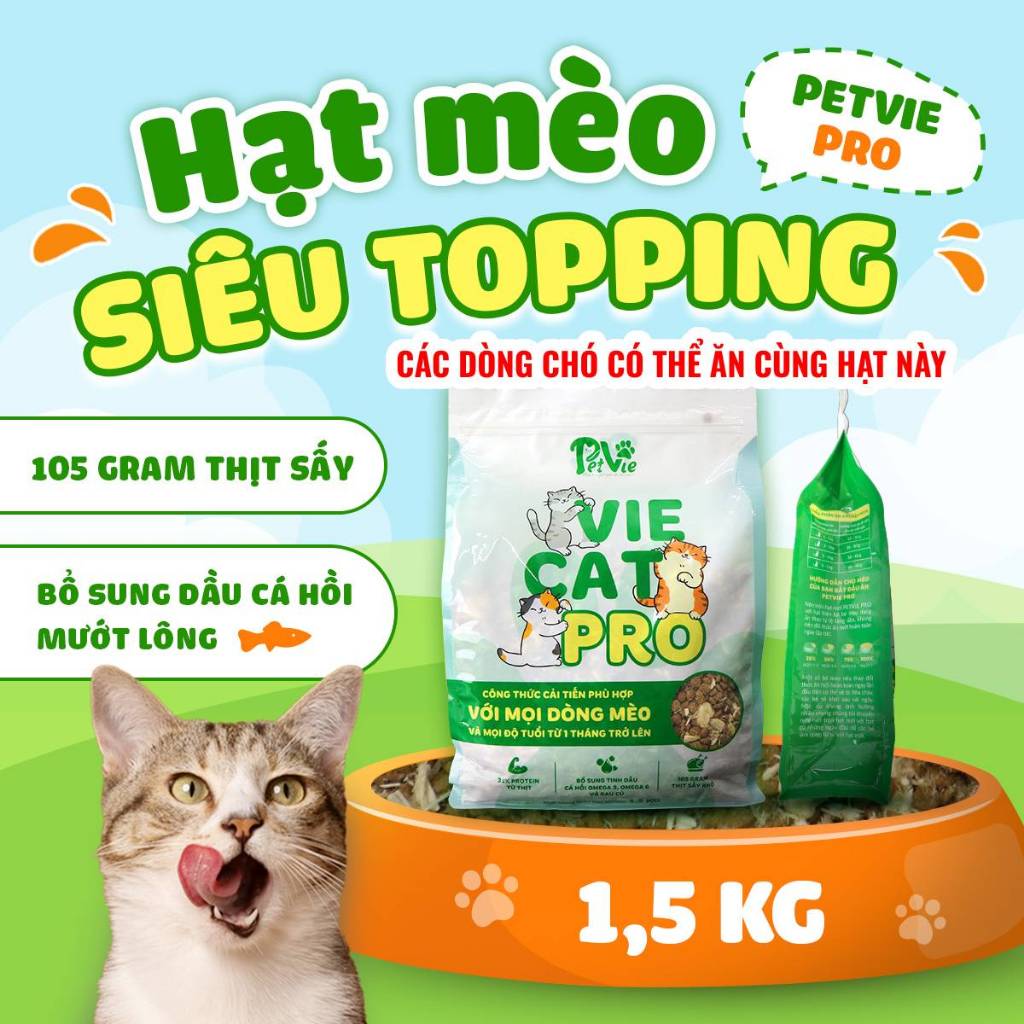 Hạt CHÓ MÈO mix thịt sấy PETVIE PRO cao cấp đủ dinh dưỡng, kích thích ăn, giảm rụng lông