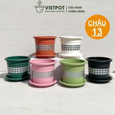 Chậu Nhựa trồng cây VIETPOT, size nhỏ 13x11cm, hoa văn Tim, trồng hoa kiểng, để bàn, sân vườn.