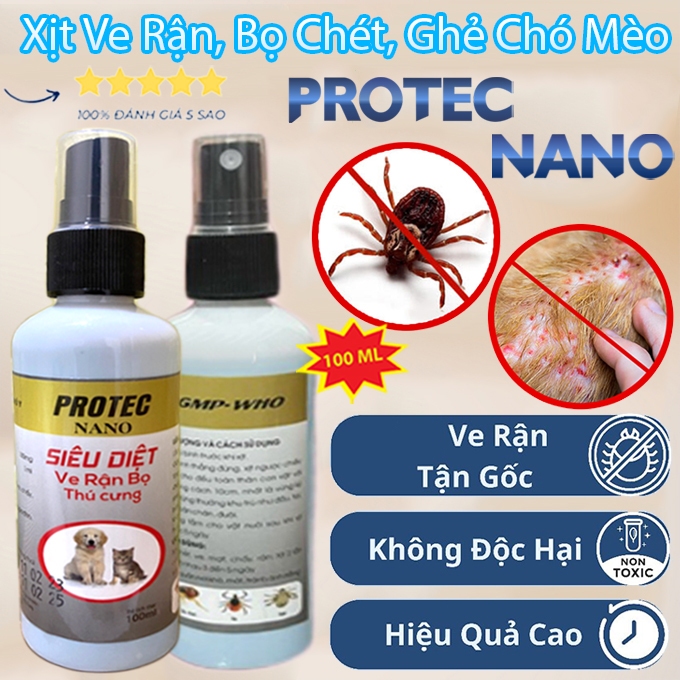 Xịt Ve Rận, Bọ Chét Chó Mèo PROTEC NANO 100ml Chính Hãng - Loại Bỏ Trứng Ấu Trùng Lành Tính, An Toàn
