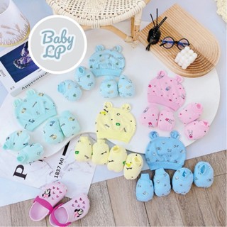 Combo 3/5 Sét Mũ Kèm Bao Tay Bao Chân Cho Bé Sơ Sinh Cotton Họa Tiết, Mềm Mại Dễ Thương SM03