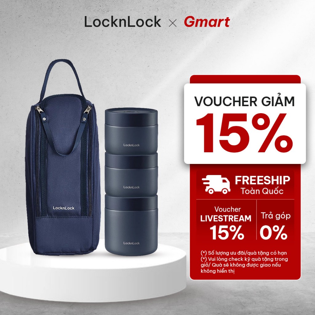 Bộ hộp cơm giữ nhiệt Lock&Lock Pump Vacuum Lunch Box (300ml*2, 500ml*1, bộ đũa và thìa, túi) LHC8052