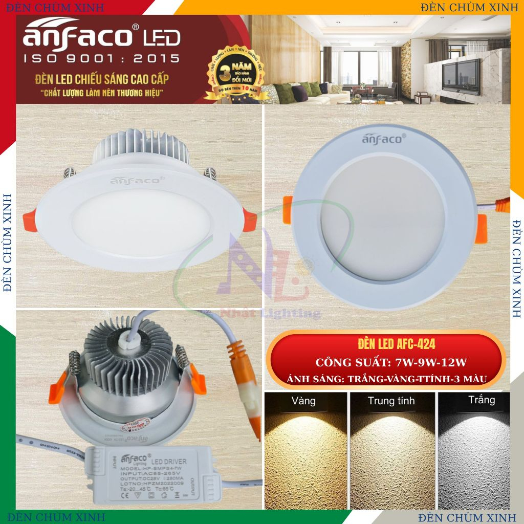[ ĐÈN CHÙM XINH ]  Đèn âm trần, đèn led downlight chính hãng(0526) ANFACO AFC-424/7W/9W/12W