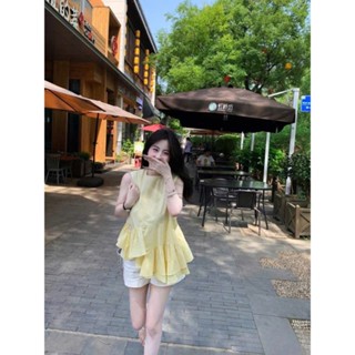 Set bộ đồ áo sát nách VÀNG kèm quần short TRẮNG, Set đồ nữ áo hoạ tiết babydoll mix quần đùi ngắn ĐƠN GIẢN