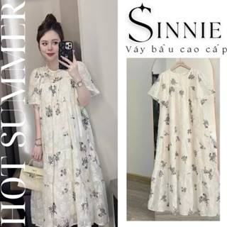  Váy bầu xinh đầm bầu dáng babydoll họa nhí thiết kế cổ tròn tay ngắn tơ lụa 2 lớp mặc đi làm đi chơi siêu xinh 