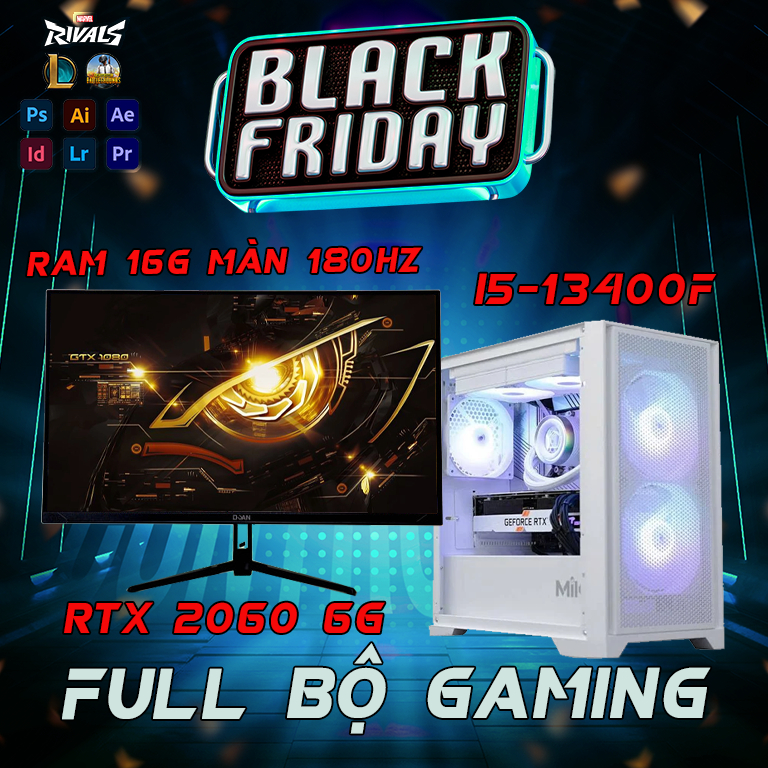 Full Bộ PC Gaming Màn hình 180hz / i5 13400f / RTX 2060 6G / Ram 16Gb / SSD 512Gb, Case Gaming