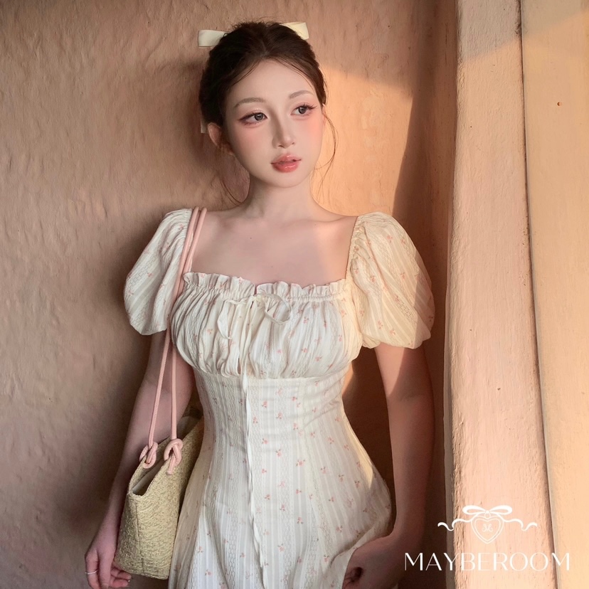 MAYBEROOM® Váy hoa dáng dài chiết eo tay bồng cổ vuông xoè nhẹ thướt tha Midsummer Muse | BigBuy360 - bigbuy360.vn