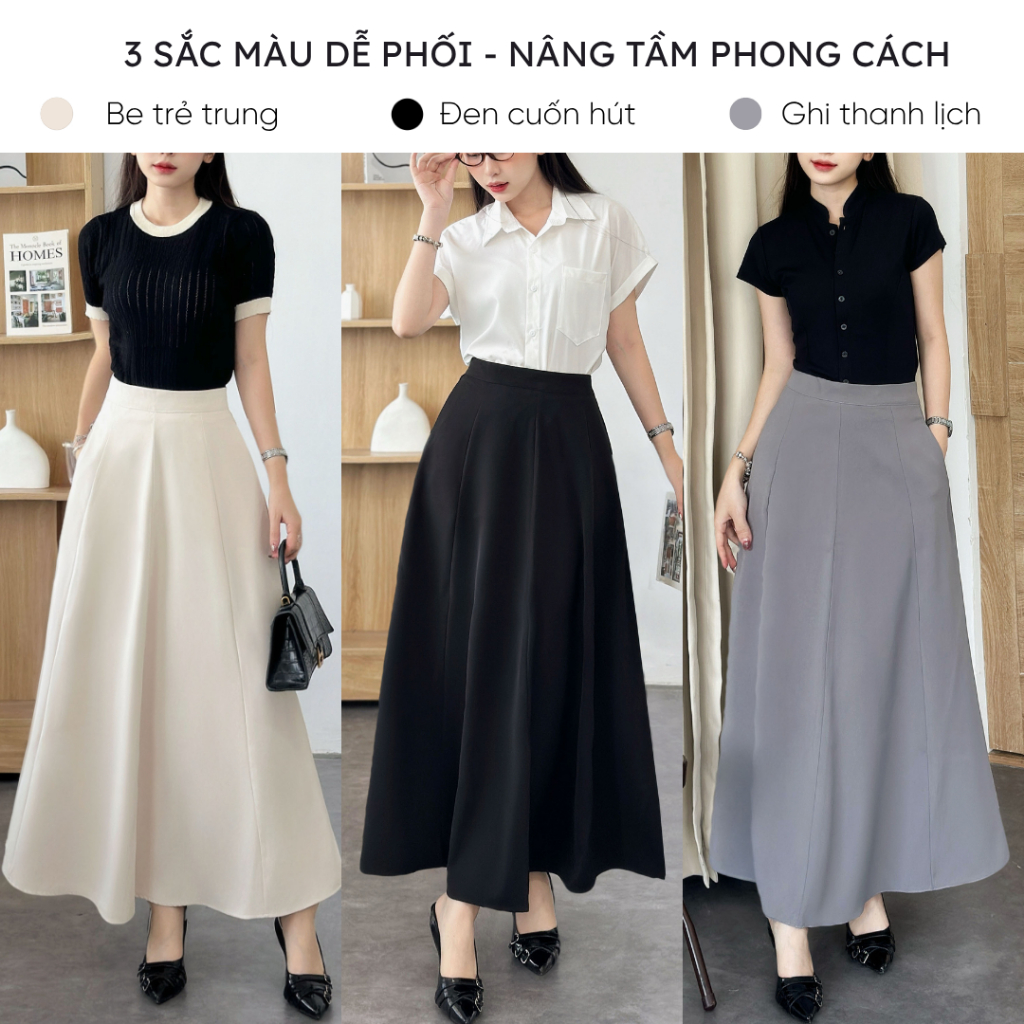 Chân váy dài 90cm dáng suông chữ A Mely Fashion chắp 8 mảnh cạp cao che bụng tốt tôn dáng có túi 2 bên có bigsize CV91 | BigBuy360 - bigbuy360.vn