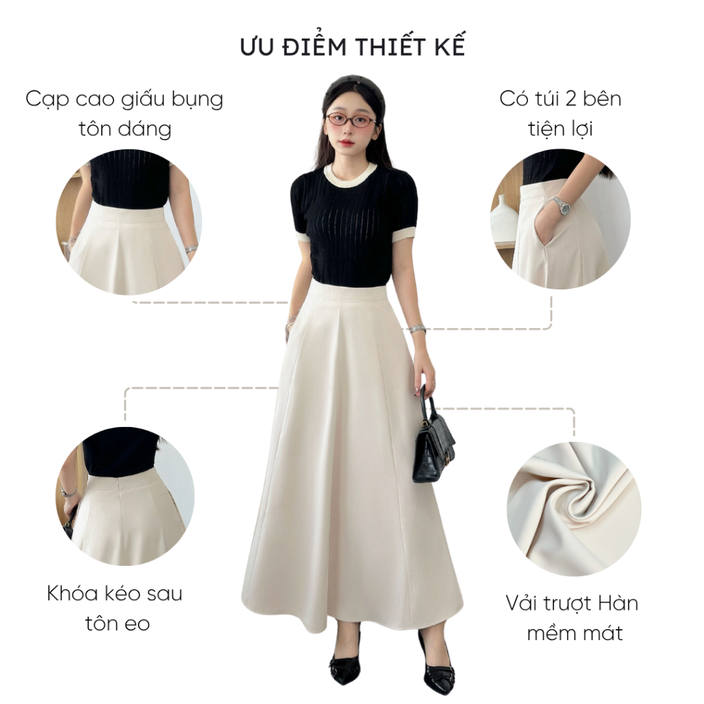 Chân váy dài 90cm dáng suông chữ A Mely Fashion chắp 8 mảnh cạp cao che bụng tốt tôn dáng có túi 2 bên có bigsize CV91 | BigBuy360 - bigbuy360.vn