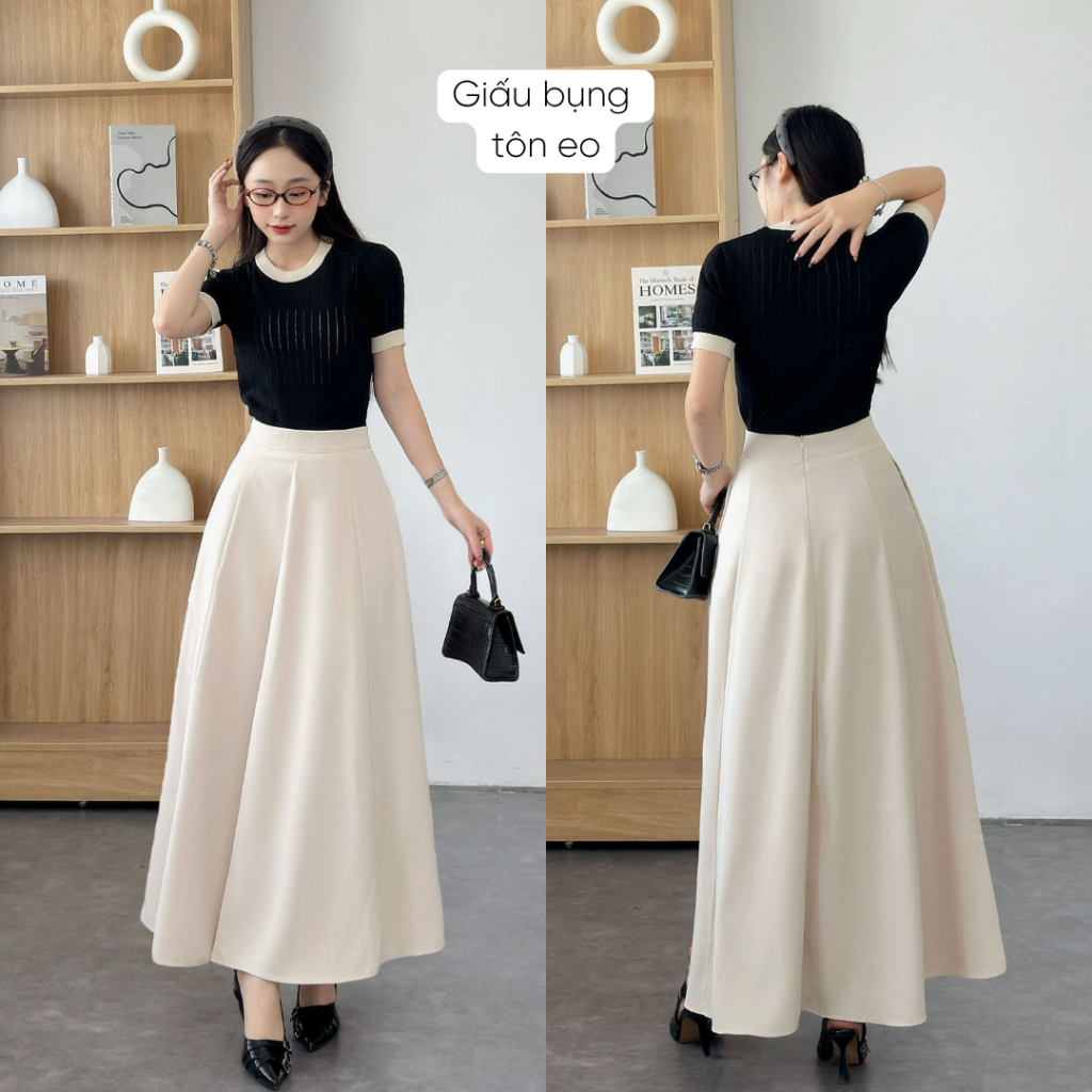 Chân váy dài 90cm dáng suông chữ A Mely Fashion chắp 8 mảnh cạp cao che bụng tốt tôn dáng có túi 2 bên có bigsize CV91 | BigBuy360 - bigbuy360.vn