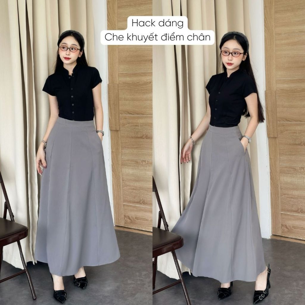 Chân váy dài 90cm dáng suông chữ A Mely Fashion chắp 8 mảnh cạp cao che bụng tốt tôn dáng có túi 2 bên có bigsize CV91 | BigBuy360 - bigbuy360.vn