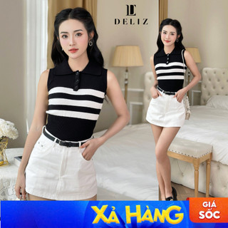   SALE  Áo croptop nữ len sát nách dệt kim phối cổ bẻ đóng cúc kẻ sọc trắng ba lỗ form ôm phong cách hàn quốc DELIZ SN02 