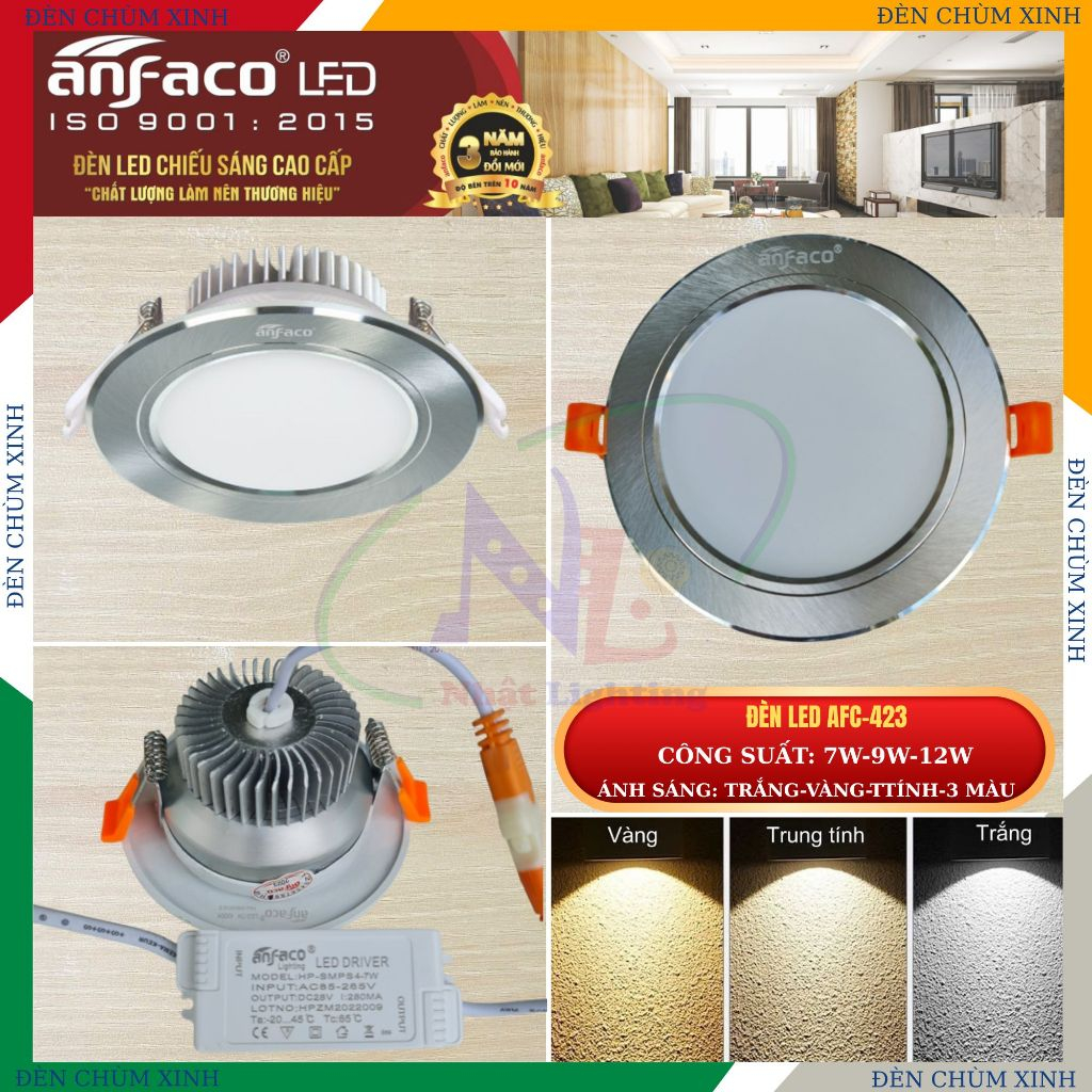 [ ĐÈN CHÙM XINH ] Đèn âm trần, đèn led downlight chính hãng ANFACO AFC-423/7W/9W/12W