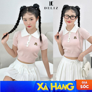  SALE  Áo len croptop ngắn tay nữ cổ bẻ dáng polo màu hồng logo hình gấu đóng cúc form ôm chất len lông thỏ DELIZ PL05 