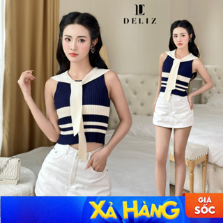 (SALE) Áo len nữ sát nách cổ thủy thủ thắt nơ kẻ sọc len lông thỏ mềm co giãn dáng ôm croptop tôn eo DELIZ SN01