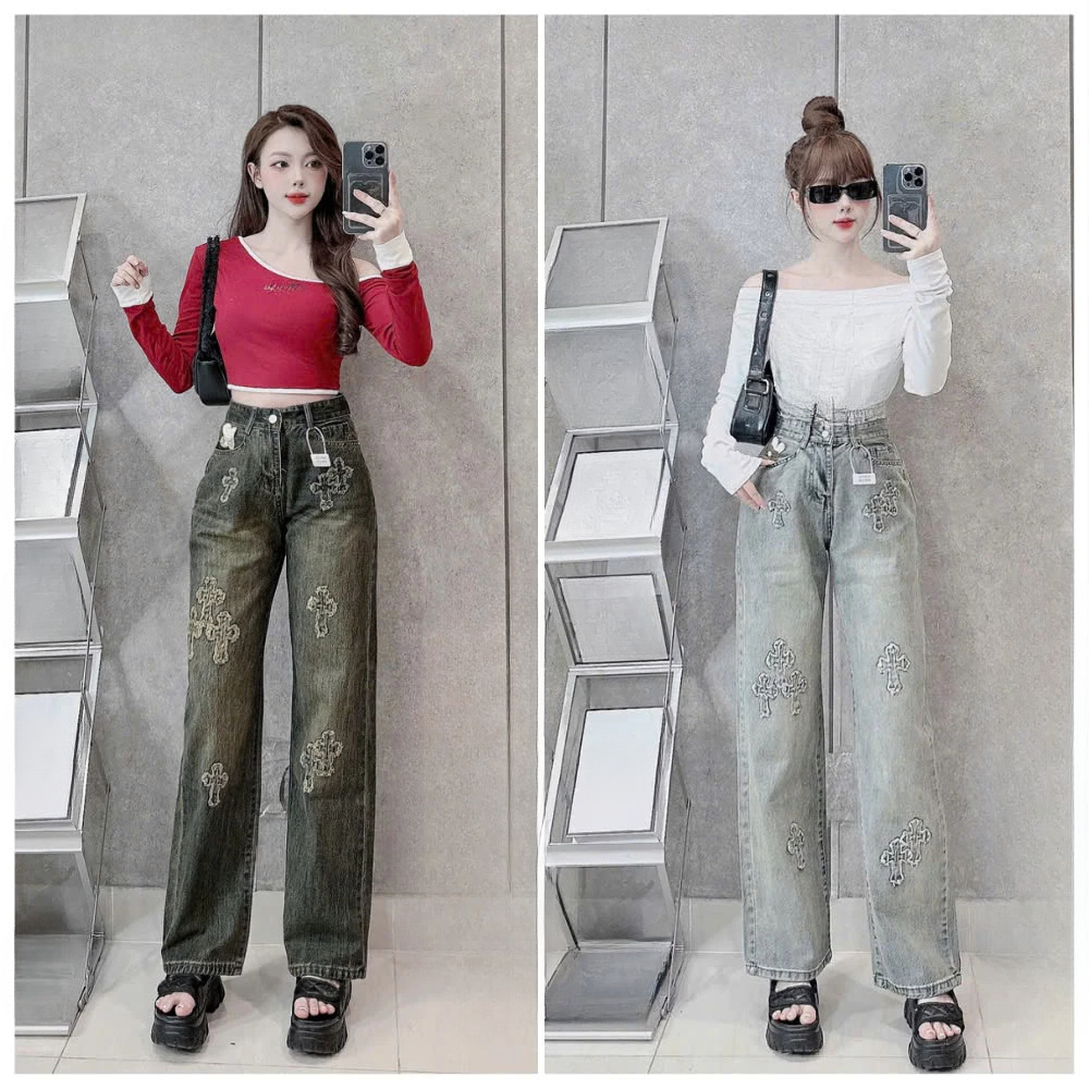 Quần jean rộng TRENDJEAN (tặng dây) jean ống suông nữ màu đen ánh rêu, màu nhạt thêu chữ thập size S
