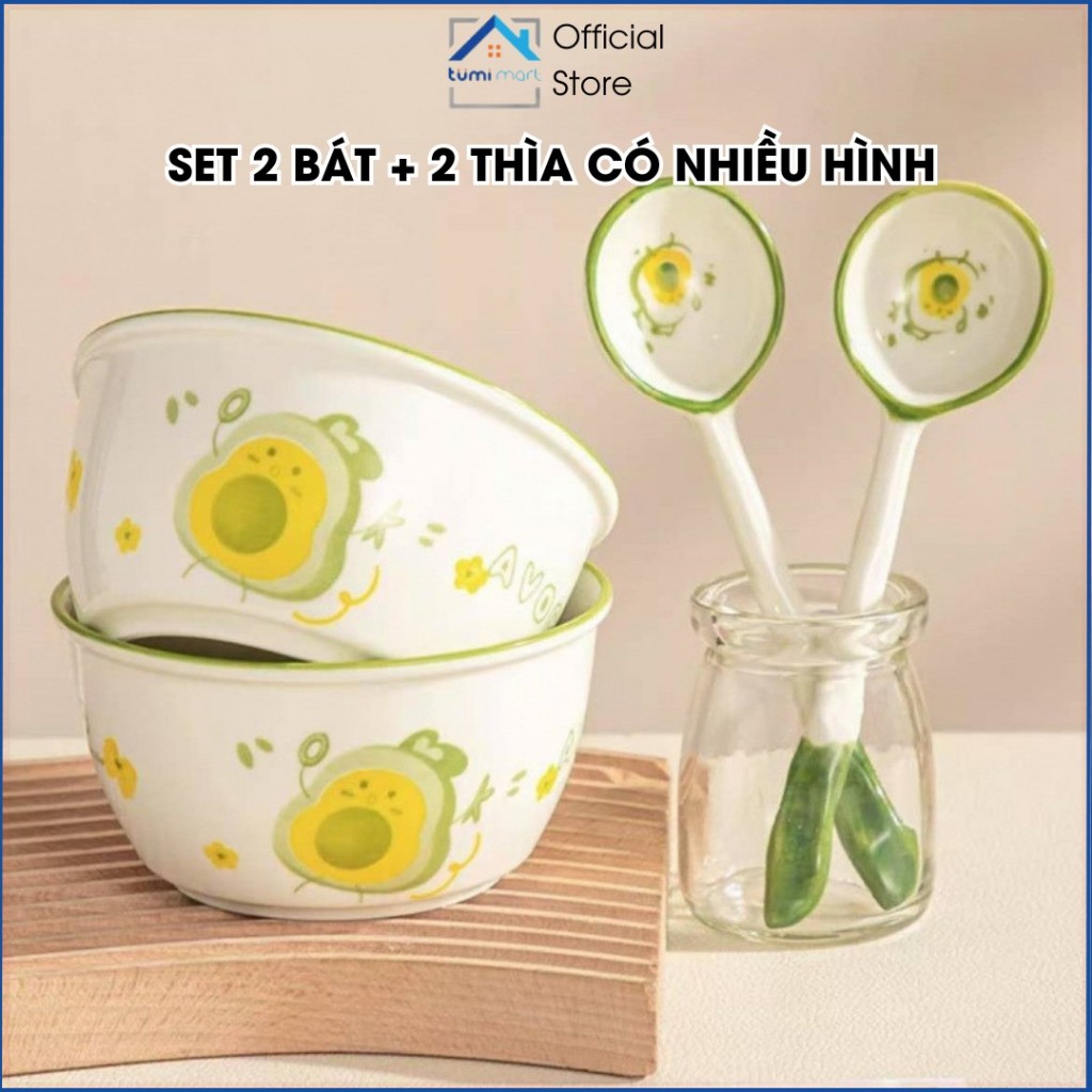 Bát Sứ 4 Món Dễ Thương Gồm 2 Bát + 2 Thìa, Bát Ăn Cơm Cute Hình Nơ, Bơ,  Heo Hồng, Capybara, Gấu Bear