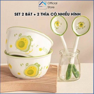Bát Sứ 4 Món Dễ Thương Gồm 2 Bát + 2 Thìa, Bát Ăn Cơm Cute Hình Nơ, Bơ,  Heo Hồng, Capybara, Gấu Bear