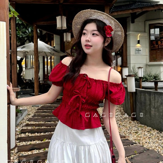 Áo kiểu nữ Trễ Vai Nữ Thiết Kế Mocking GAGO Brand Eo Tay Bo Cổ Co Giãn Cotton Xốp Mặc Được 2 Kiểu