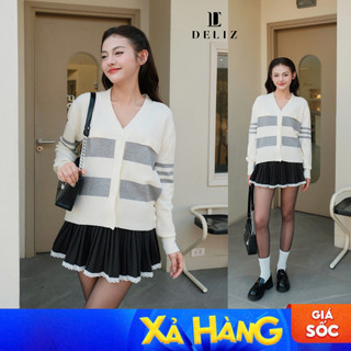  SALE  Áo len nữ cardigan khoác ngoài dài tay phối màu xám trắng cổ tròn thời trang thu đông hàn quốc DELIZ CD841 