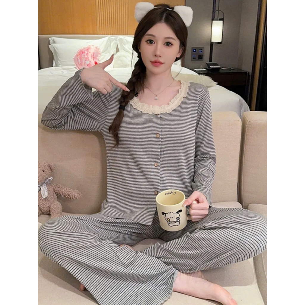  Bộ đồ ngủ nữ dài tay mặc nhà cotton mềm mại kẻ sọc phối ren cổ tiểu pijama thư sang chảnh thu đông 053 
