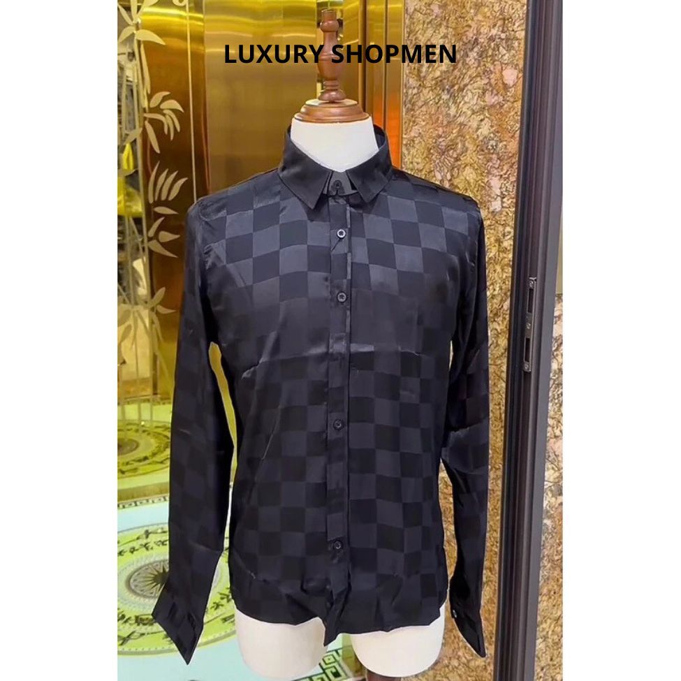 Áo Sơ Mi Lụa Satin Họa Tiết Caro Thương Hiệu Luxuryshopmen Chất Vải Chống Nhăn,Áo Sơ Mi Nam Cao Cấp