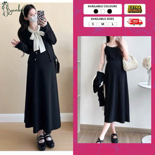 Váy bầu xinh, đầm bầu babydoll set váy 2 dây kèm áo khoác cúc cài thu đông, họa tiết trang trí thắt dây nơ xinh xắn