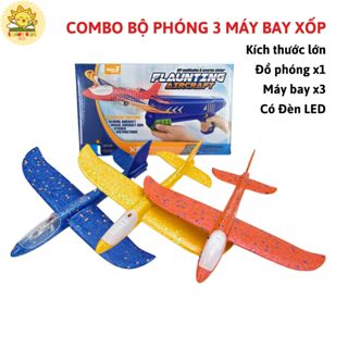 Combo 3 Máy Bay Bằng Xốp Loại Lớn Và 1 Dụng Cụ Phóng, Bộ Đồ Chơi Máy Bay An Toàn, Bền Chắc, Có Đèn Led Đẹp - Sunny Kids