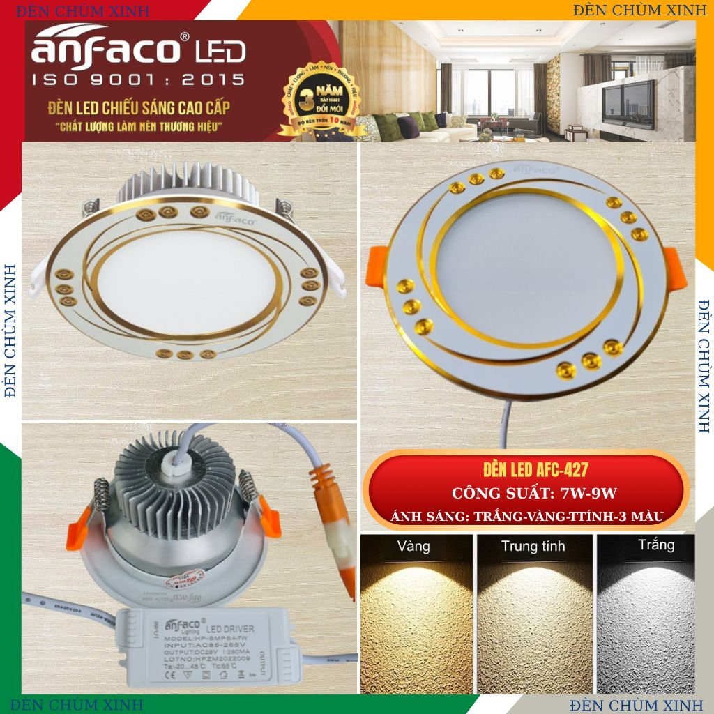 [ ĐÈN CHÙM XINH ] Đèn âm trần, đèn led downlight chính hãng ANFACO AFC-427/7W/9W
