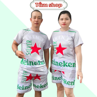 Bộ Quần Áo Nam Nữ Mặc Nhóm Gia Đình BIA HEINEKEN BẠC Cổ Tròn Vải Thun Co Dãn 3 Size 40-100kg K
