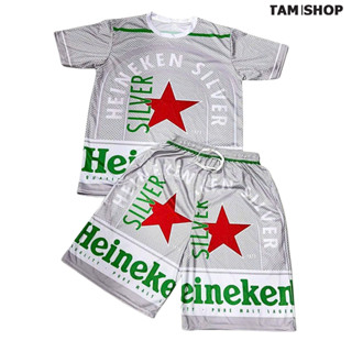 Bộ Đồ Nam Nữ In Bia HEINEKEN BẠC Ngắn Tay Cổ Tròn Họa Tiết Thời Trang Trẻ Trung K