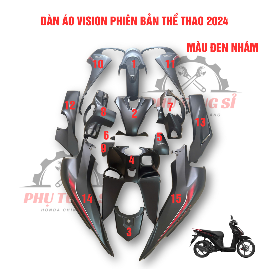 Dàn Áo Vision Đen Nhám Đời 2024 Zin Hãng HONDA(PHIÊN BẢN THỂ THAO)
