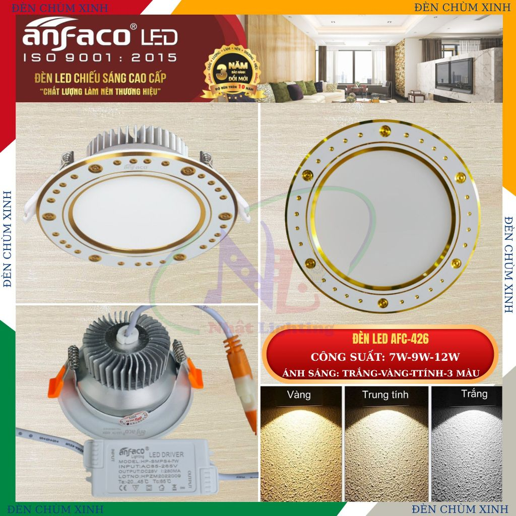 [ ĐÈN CHÙM XINH ] Đèn âm trần, đèn led downlight chính hãng ANFACO AFC-426/7W/9W/12W