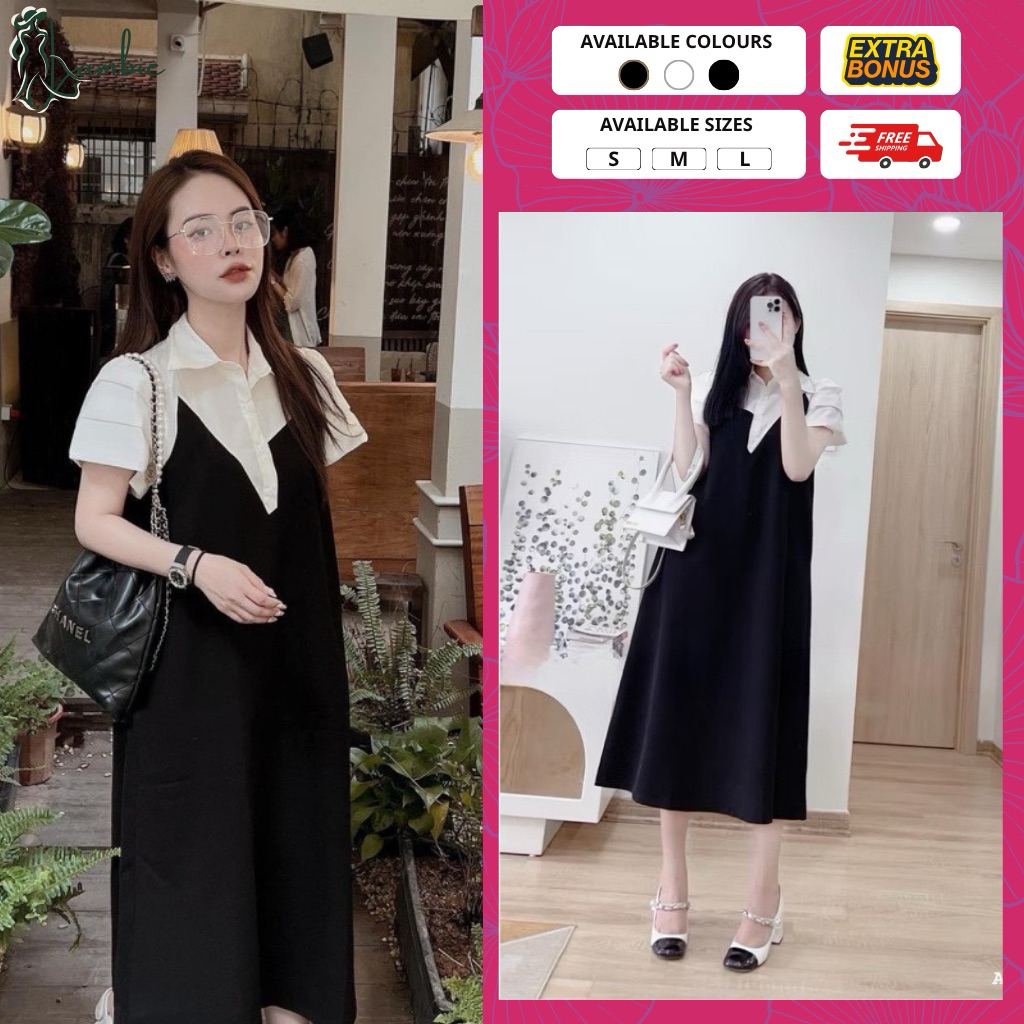 Váy bầu đẹp LAMBIE, đầm bầu dáng babydoll cổ sở mi phối 2 màu đen trắng thanh lịch nhã nhặn phù hợp 